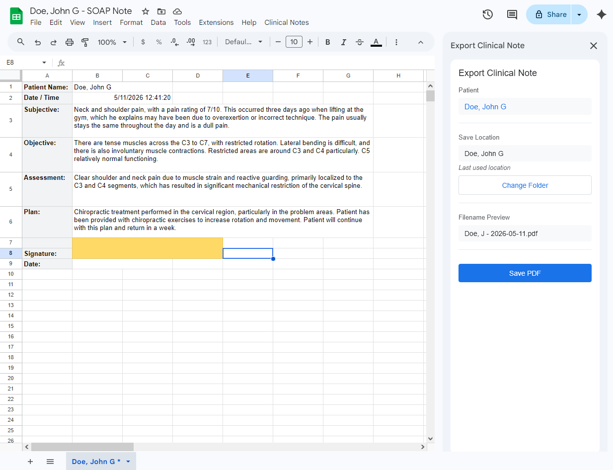G4 Clinical Note Exporter running in Google Sheets, showing a patient SOAP note with the yellow dirty indicator active and the Export PDF sidebar open on the right.